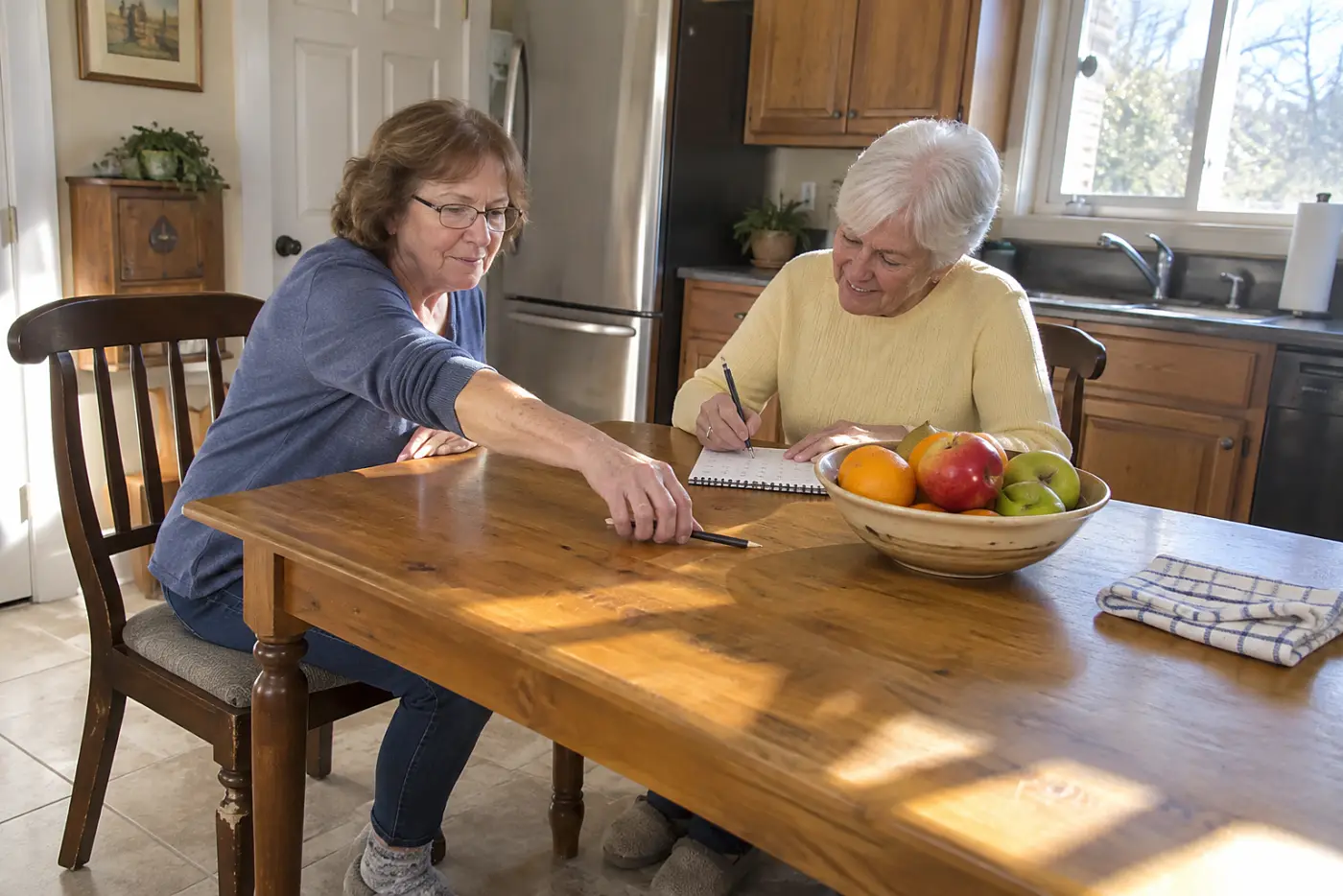 Woman making a note in a small calendar at her kitchen table.