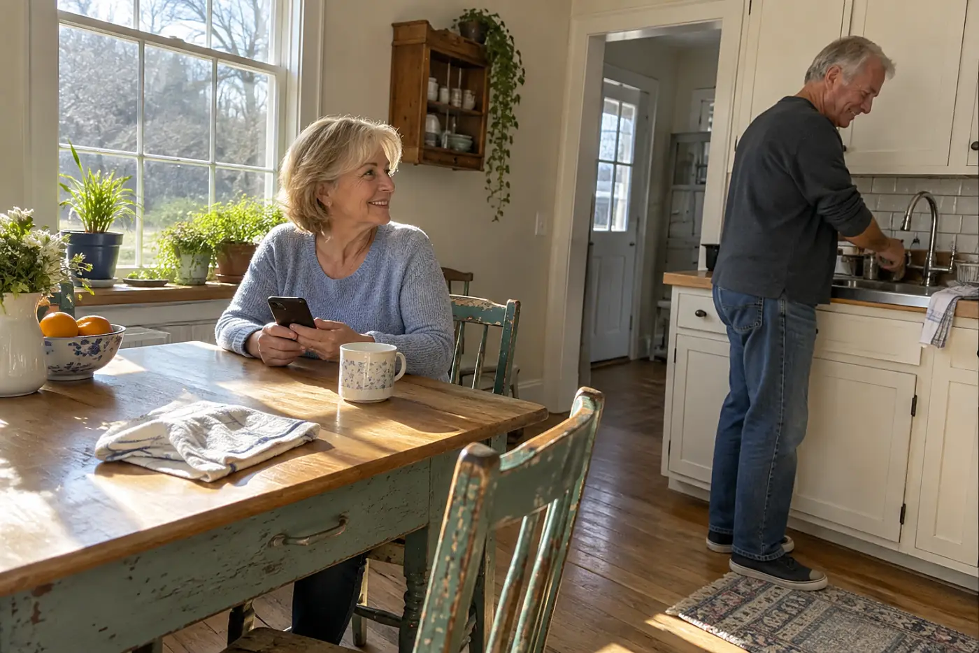 Woman pressing send on a message while seated at her kitchen table.