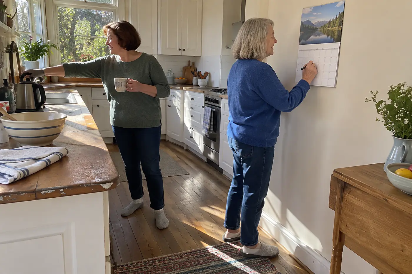 Woman circling a friend's birthday on a wall calendar in her kitchen.
