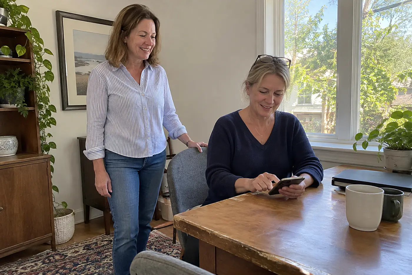 Woman adding a reminder to her phone calendar at her desk.