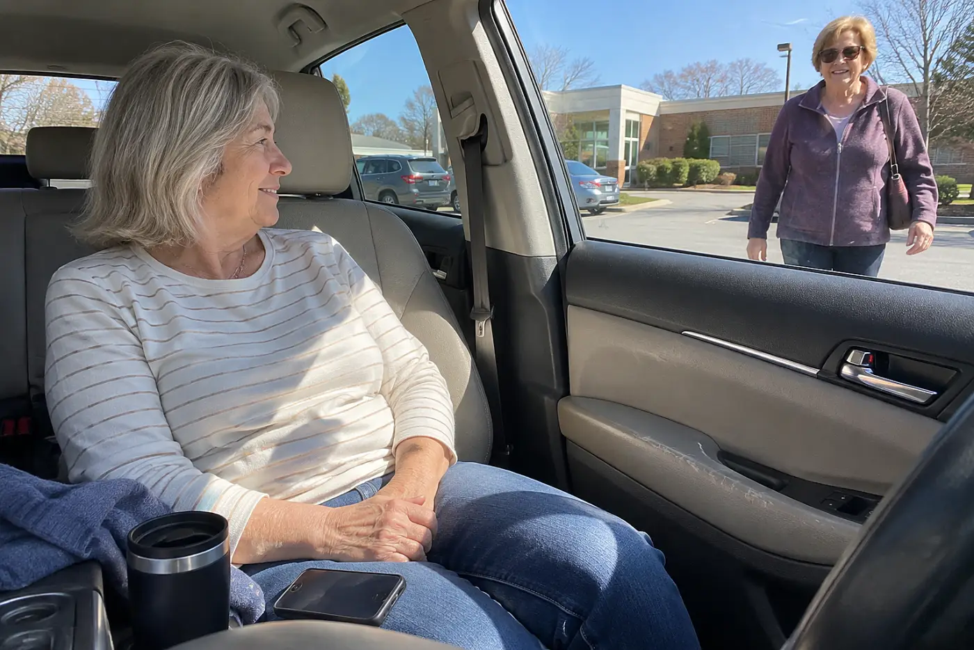 Woman waiting in a parked car outside a doctor's office.