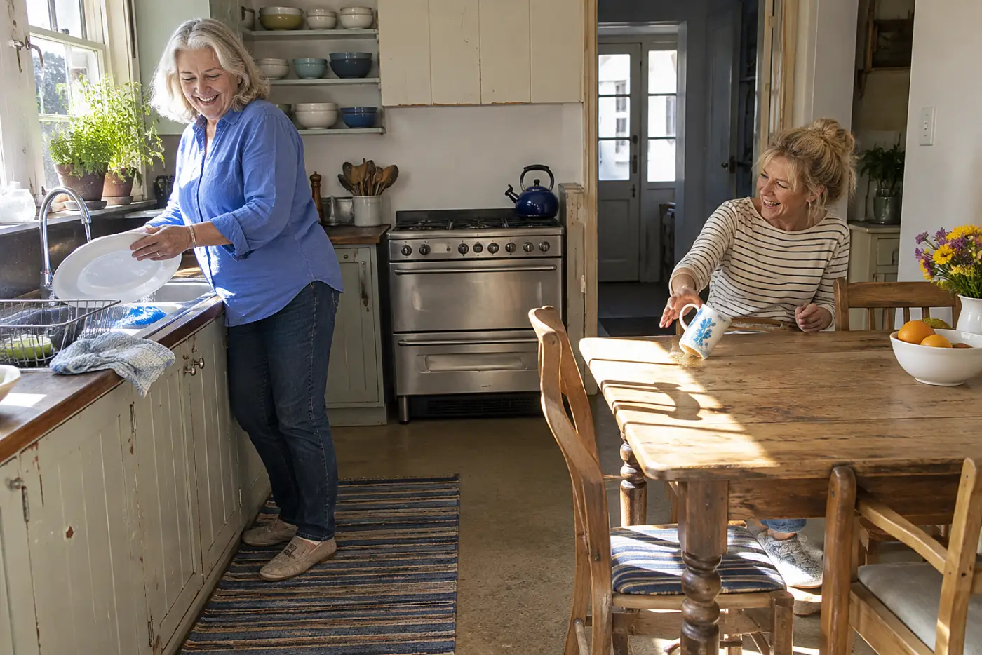 Woman washing dishes while her friend sits at the kitchen table.