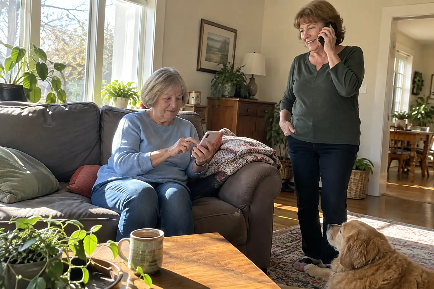 Woman silencing a family group chat on her phone in her living room.