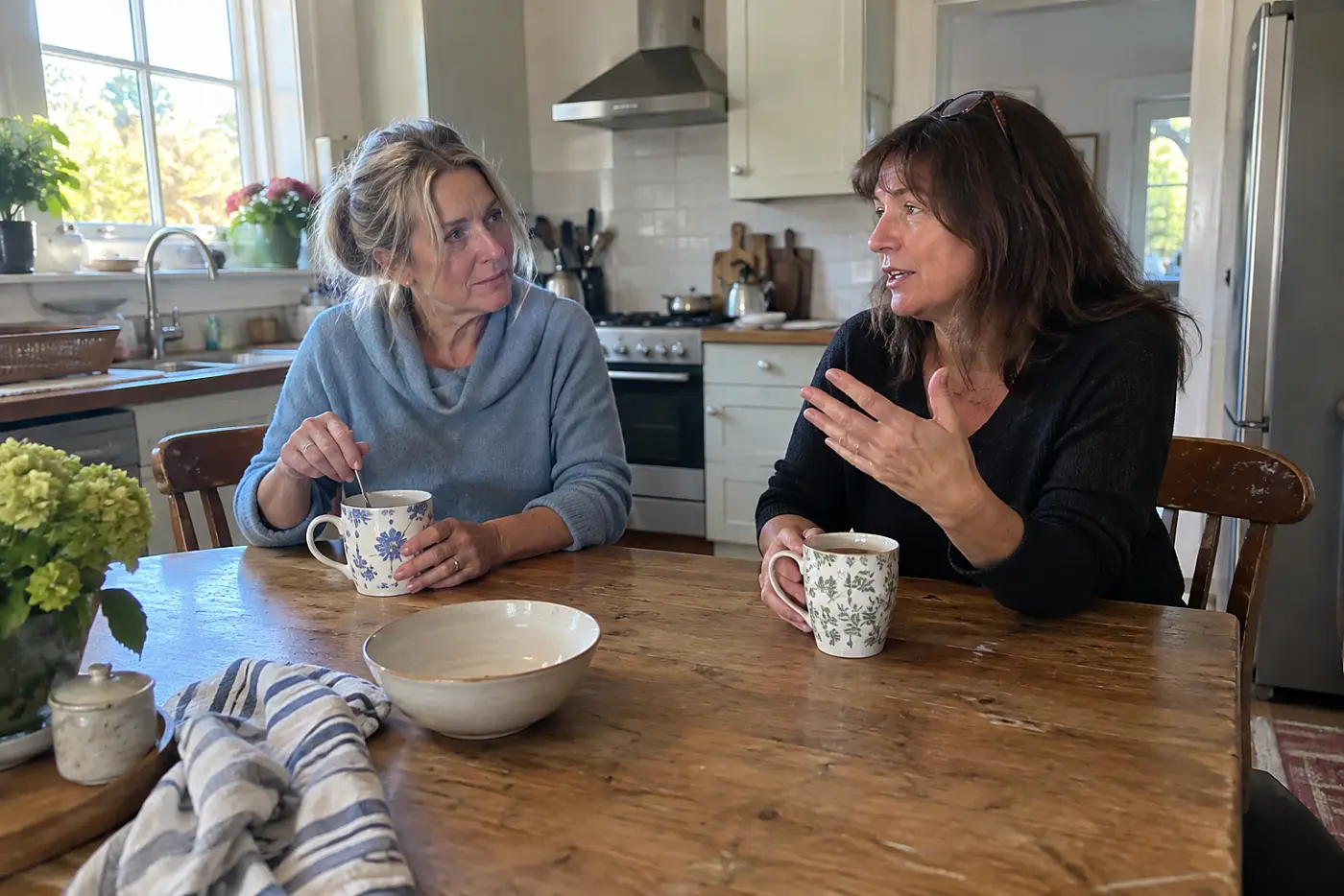 Woman listening to her friend across a kitchen table.