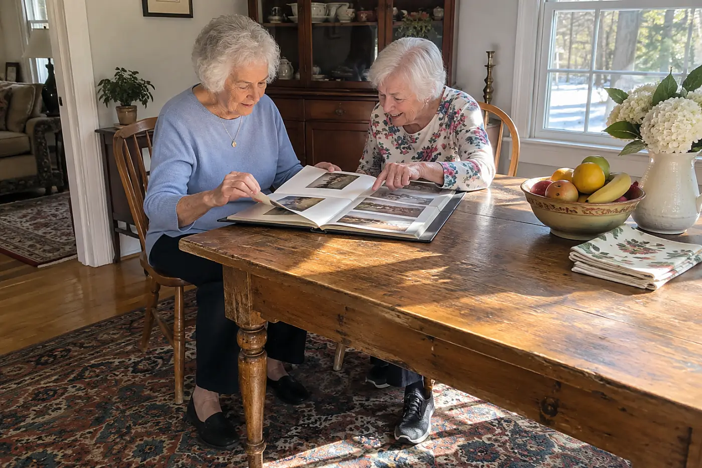 Woman looking through a family photo album at her dining table.