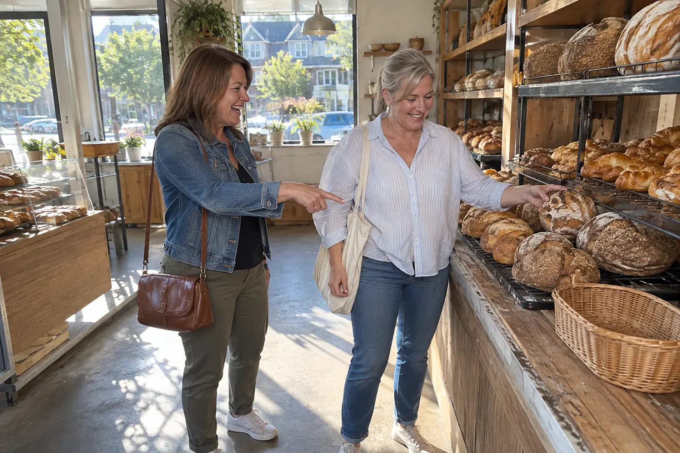 Woman choosing a loaf of bread at a neighborhood bakery.