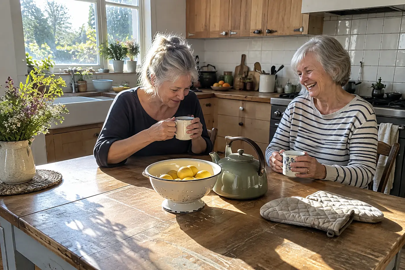 Two women sitting together beside a kettle at a kitchen table.