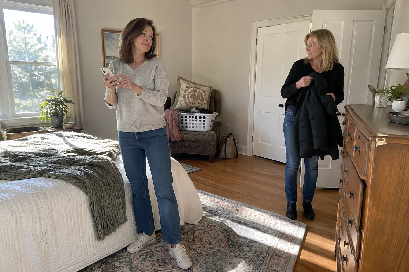 Woman canceling a visit by text from her bedroom chair.