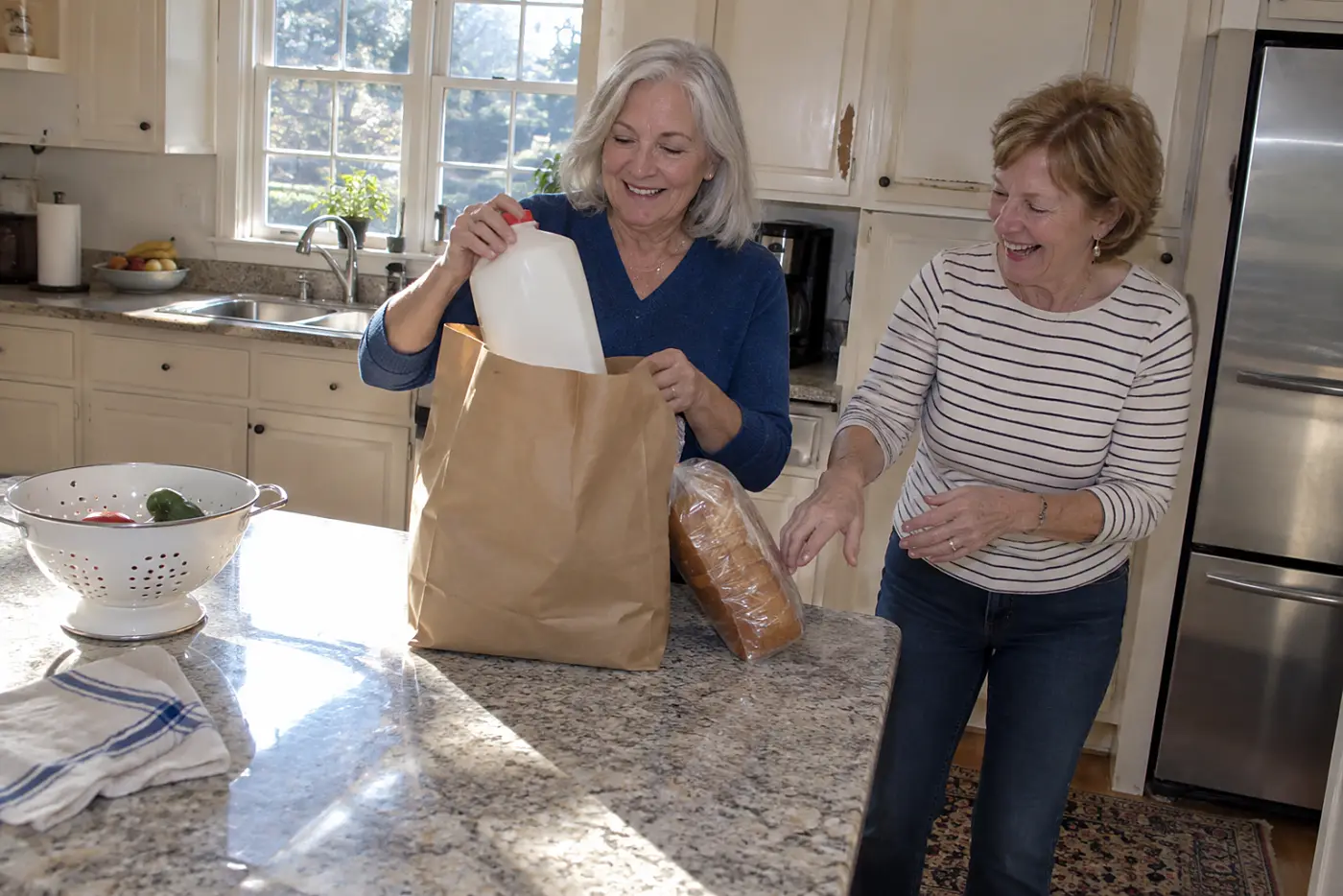 Woman placing milk and bread in a grocery bag at her kitchen counter.