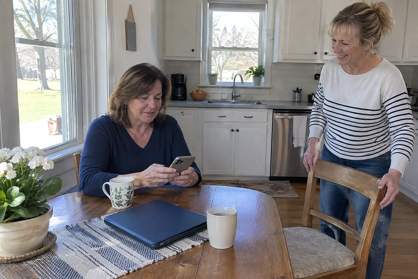 Woman checking her phone calendar at a kitchen table before making a call.
