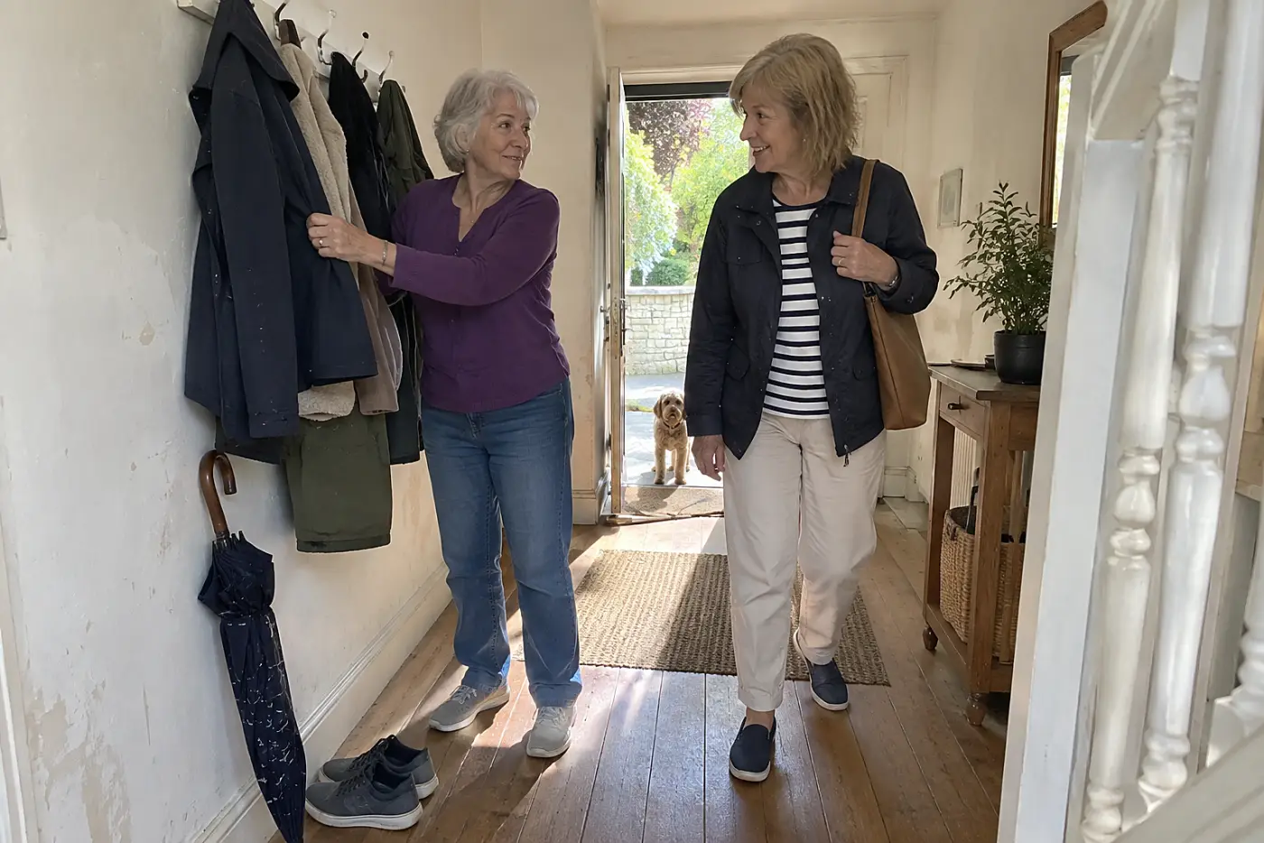 Two women talking beside coats hanging in a hallway.