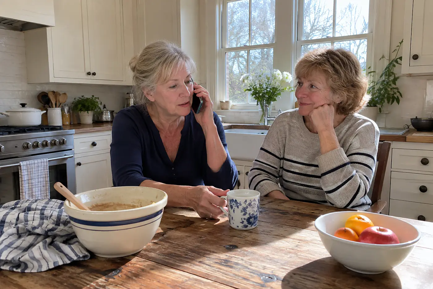 Woman sitting beside her friend during a phone call at the kitchen table.