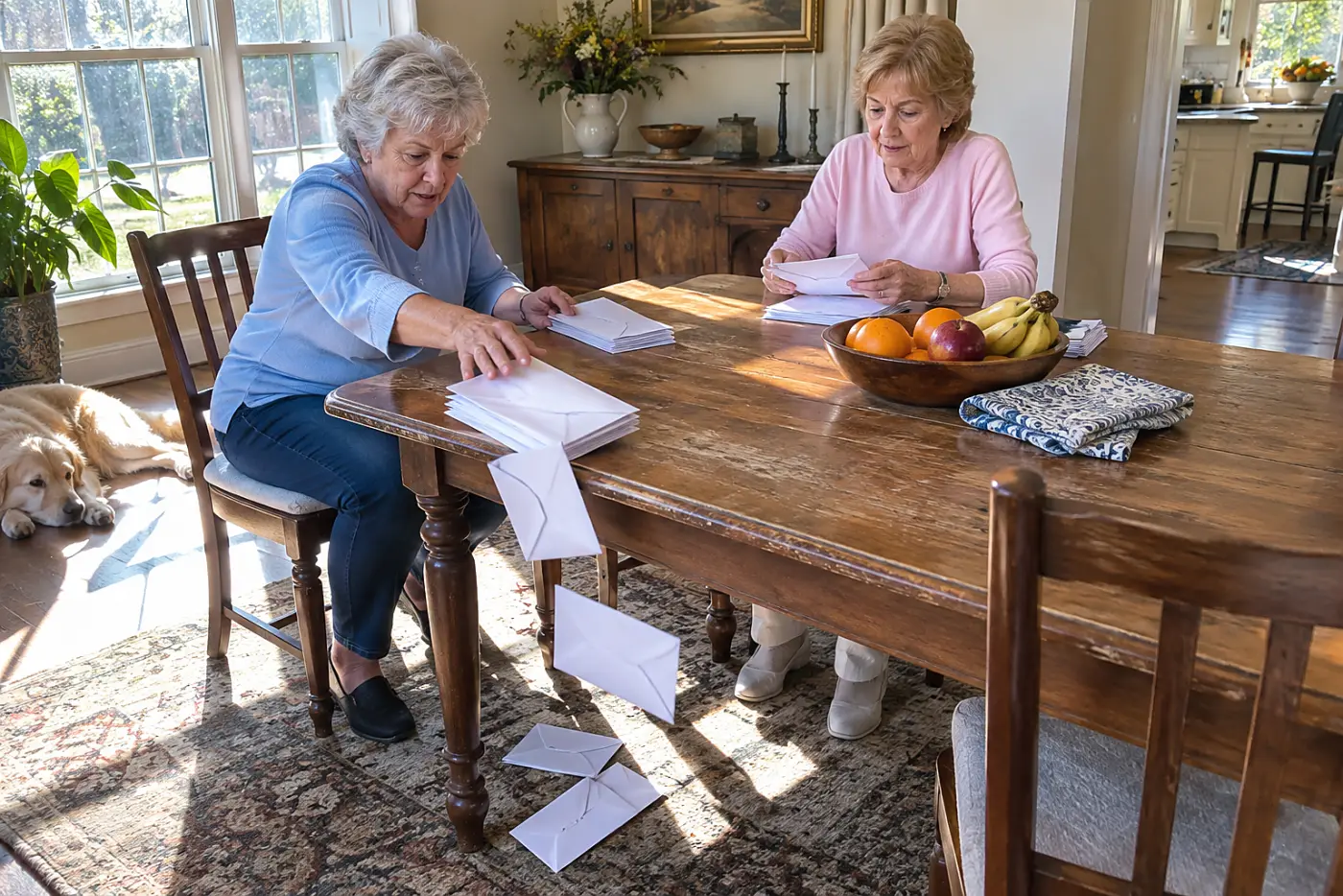 Two women sorting unopened mail at a dining table.