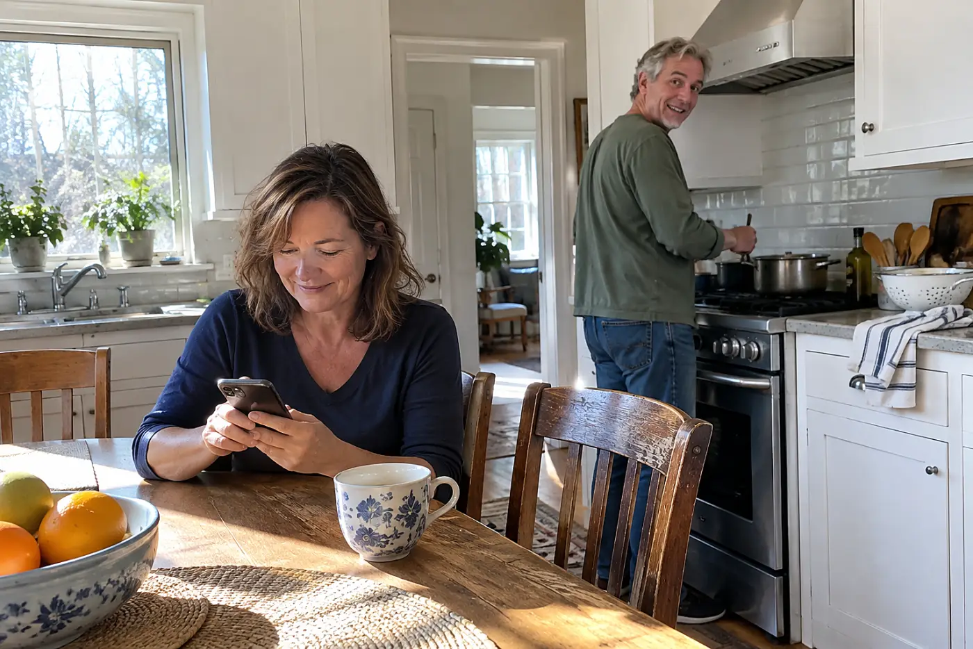 Woman sending a dinner invitation from her kitchen table.