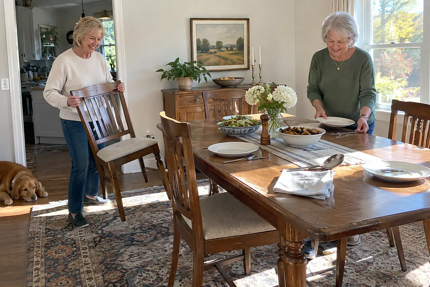 Woman setting one extra plate at her dining room table.