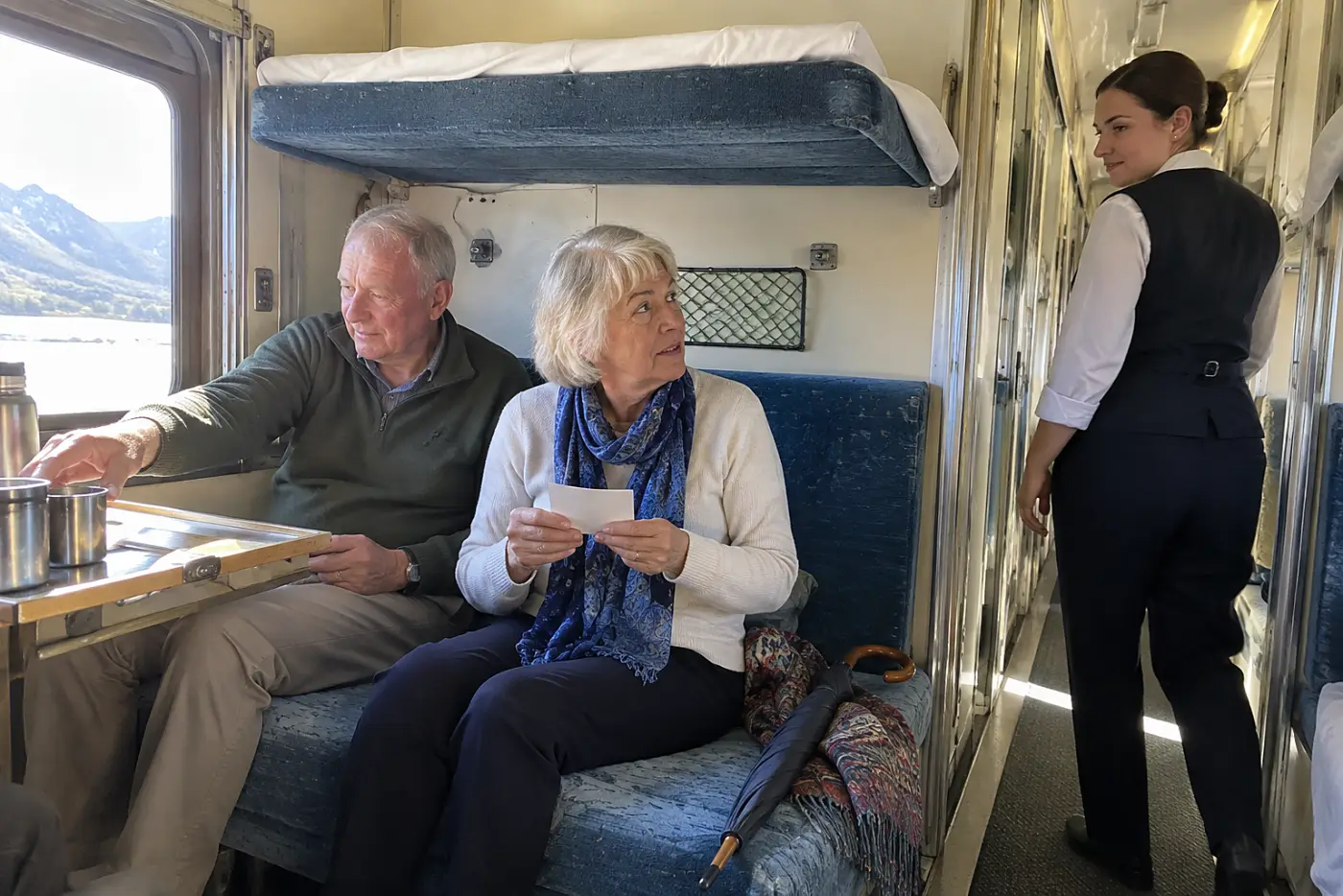 Woman reading a dining menu in a train sleeping car.