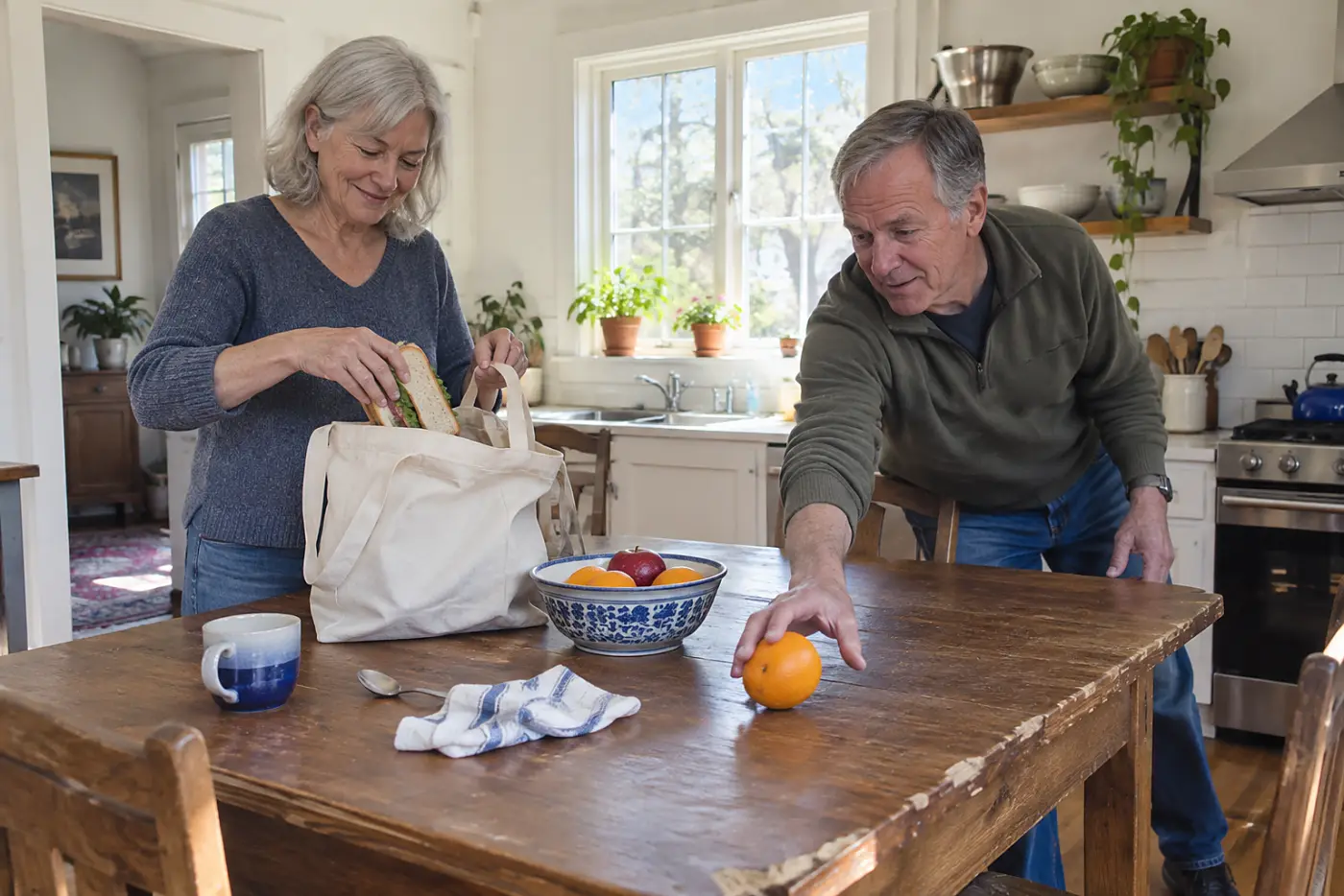Woman packing a sandwich into a tote bag at her kitchen table.