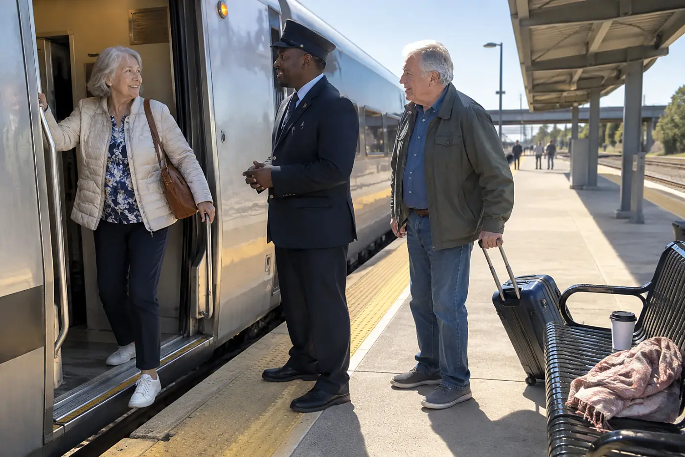 Woman speaking to a conductor beside an open train door.