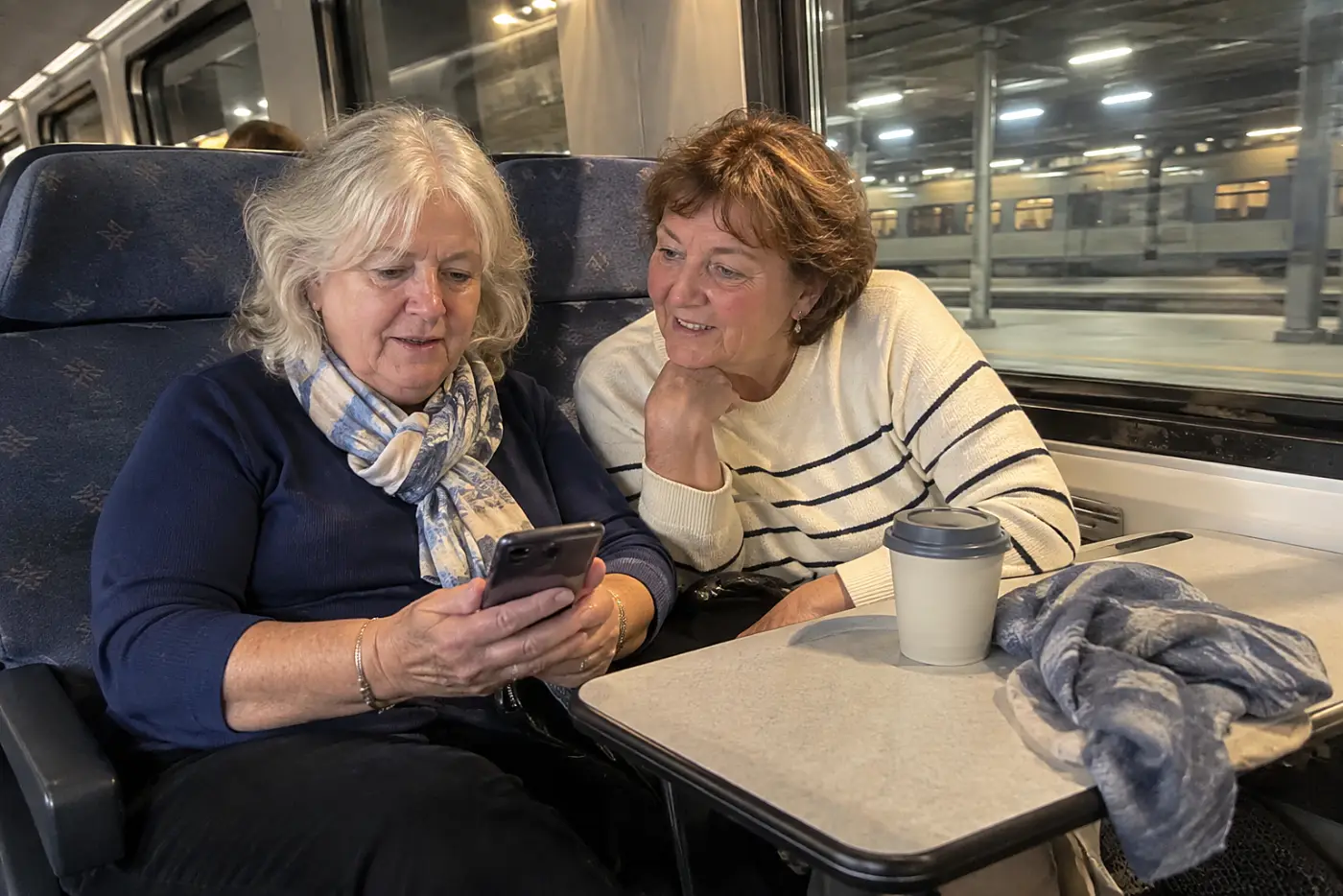 Woman checking her train's progress from a seat after sunset.