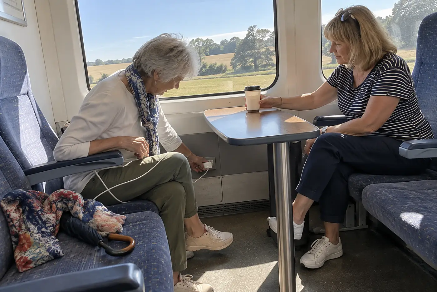 Woman plugging her phone into an outlet beside a train window.