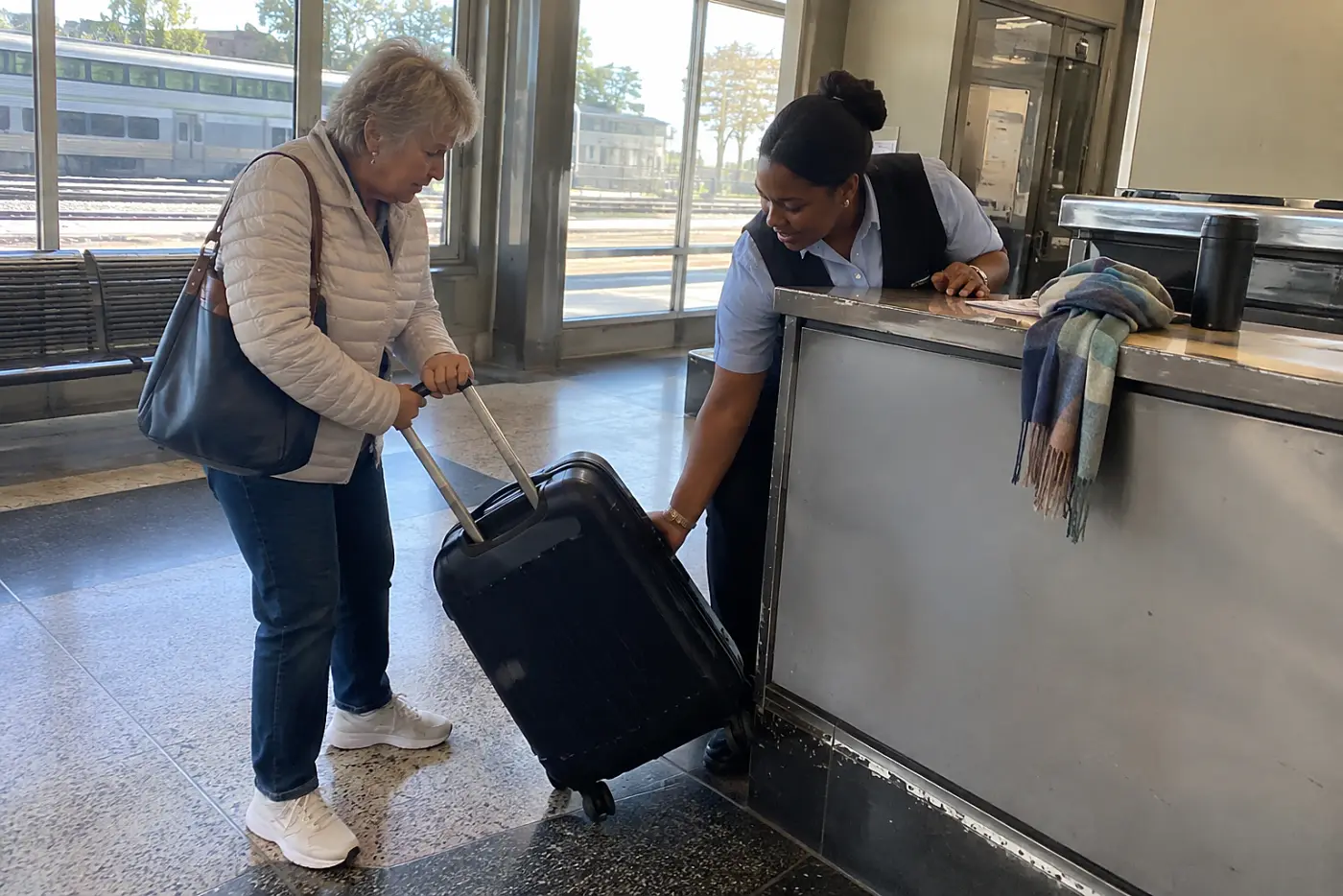 Woman speaking with a baggage agent at a station counter.