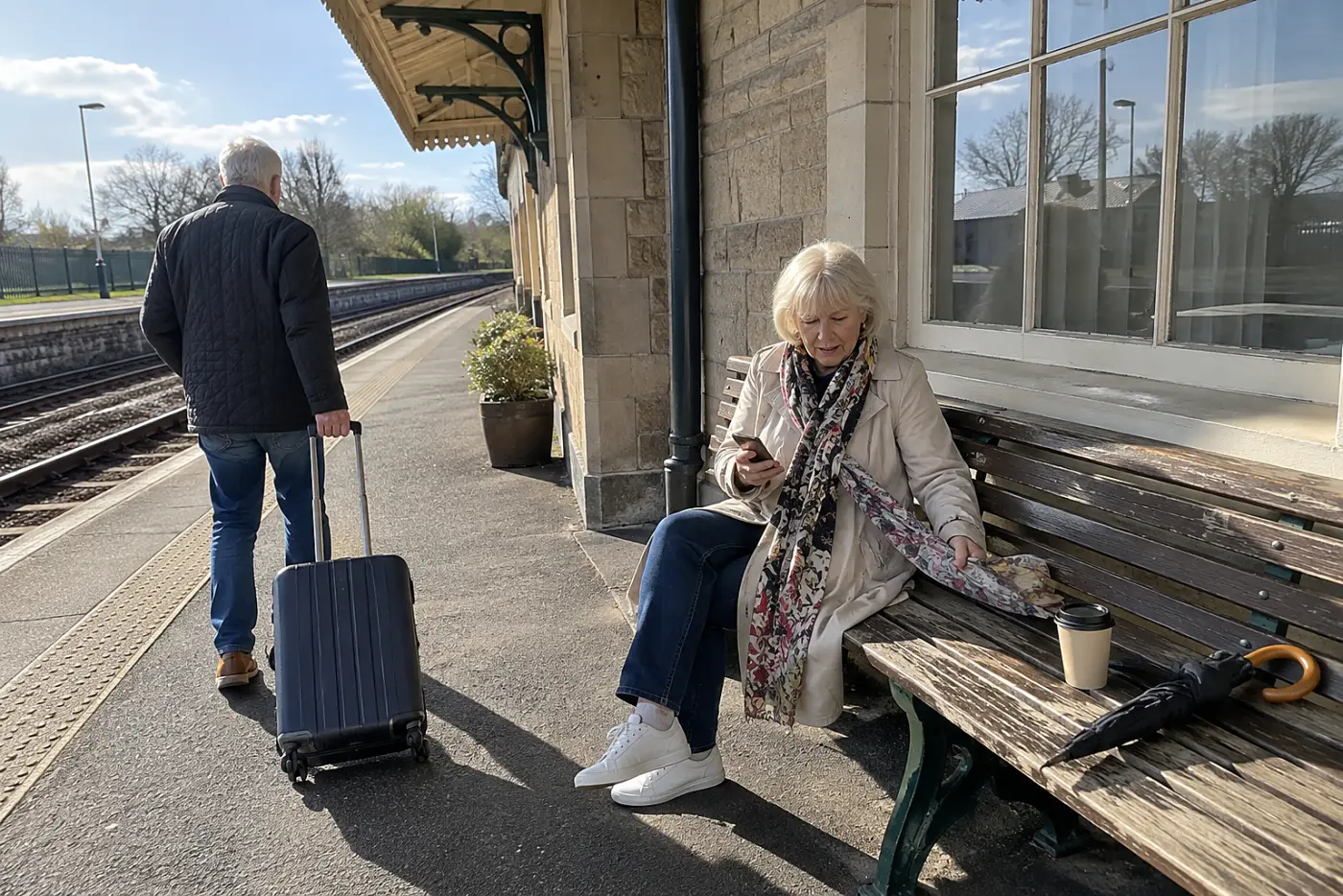 Woman checking a train status update on her phone beside a station window.