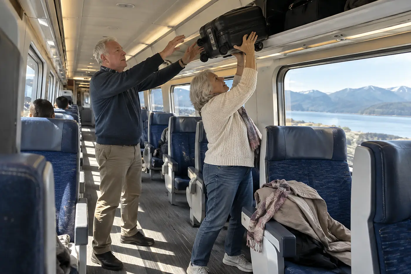Woman lifting a suitcase onto a rack inside a passenger train.