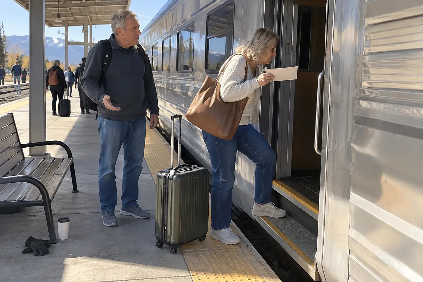 Woman looking for a seat number on her ticket beside a train door.