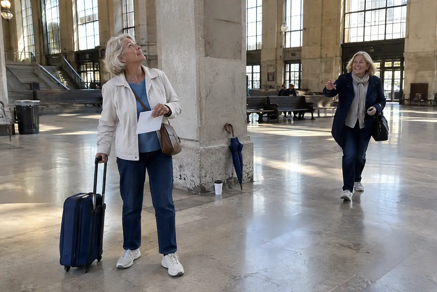 Woman comparing her ticket with a departure board inside a station hall.