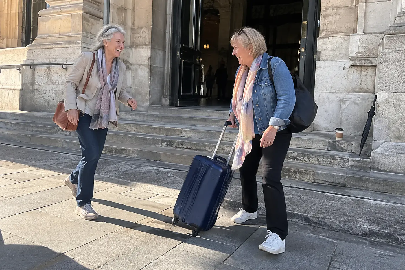 Woman meeting a friend outside a downtown train station.