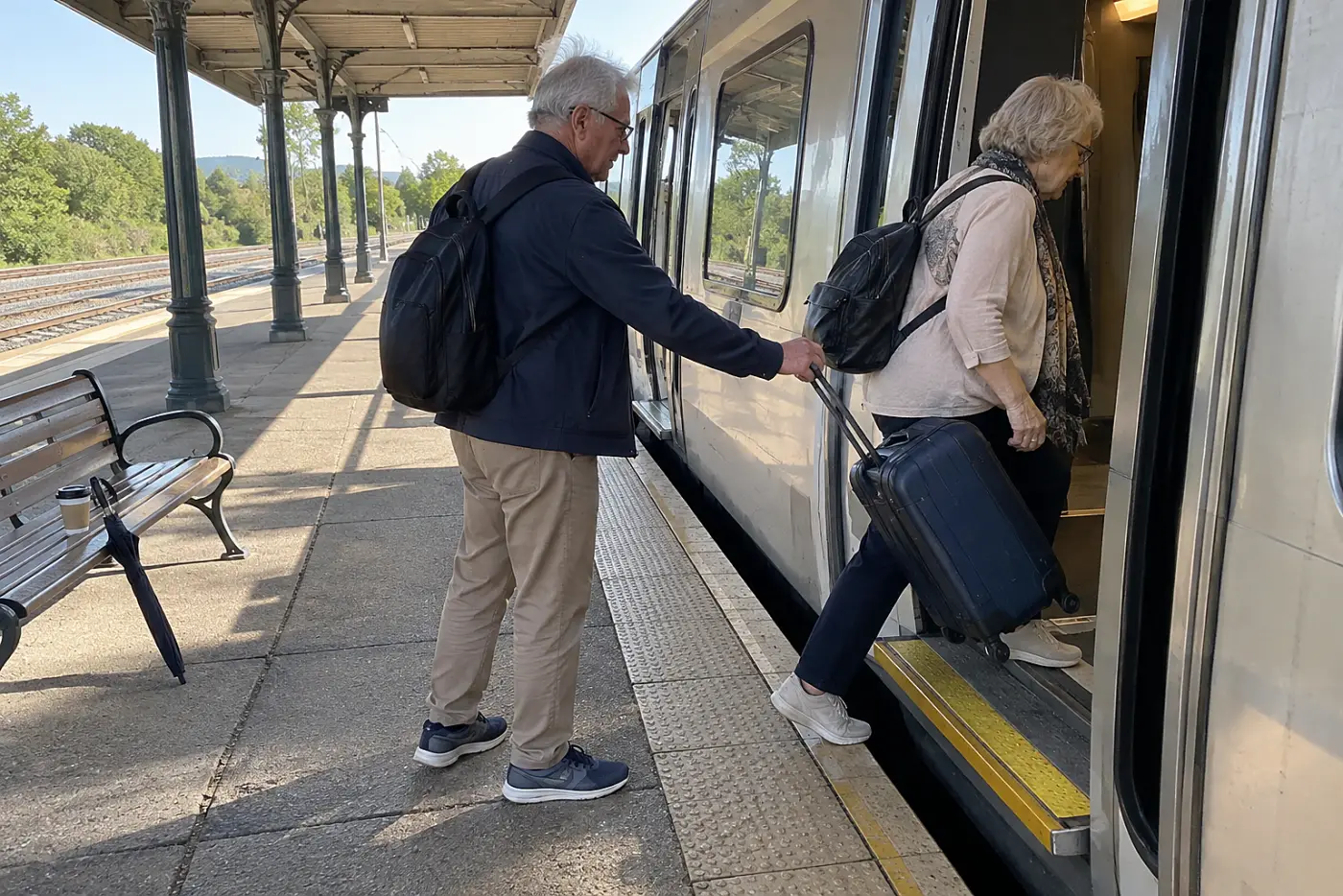 Woman stepping from a station platform into a train with her suitcase.
