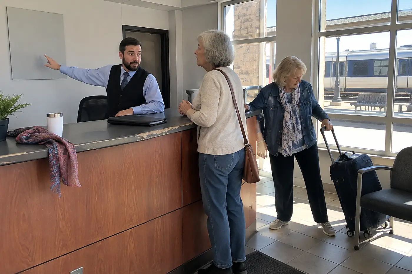 Woman speaking with a ticket agent at a station desk.