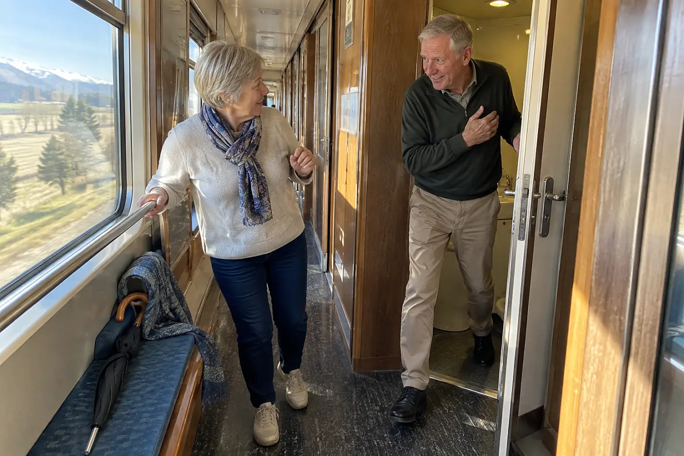 Woman looking down the corridor toward a sleeping car bathroom.