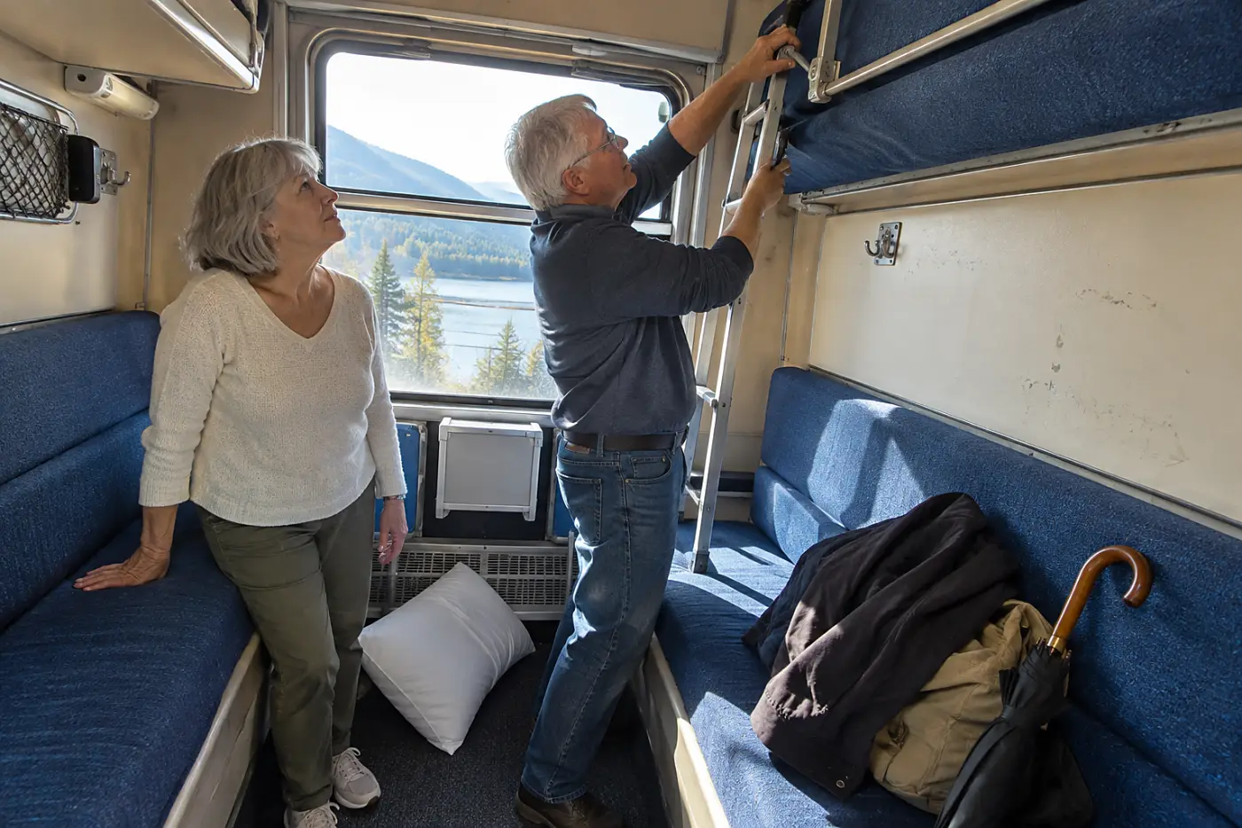 Woman examining the upper bunk inside a train roomette.
