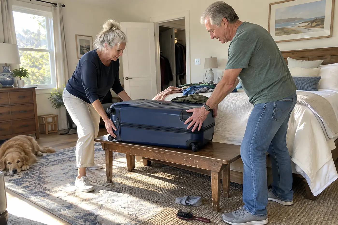 Older woman lifting a packed suitcase onto a bench in her bedroom.