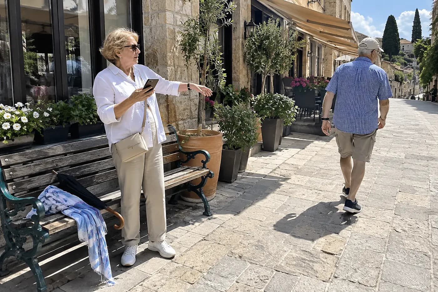 Older woman looking at a walking route on her phone outside a restaurant.