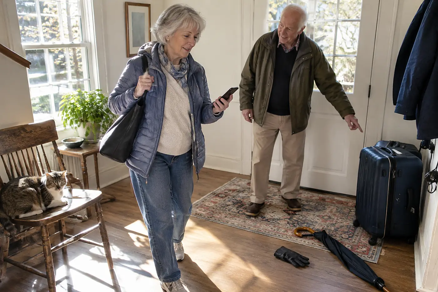 Older woman checking an airport map on her phone at home.
