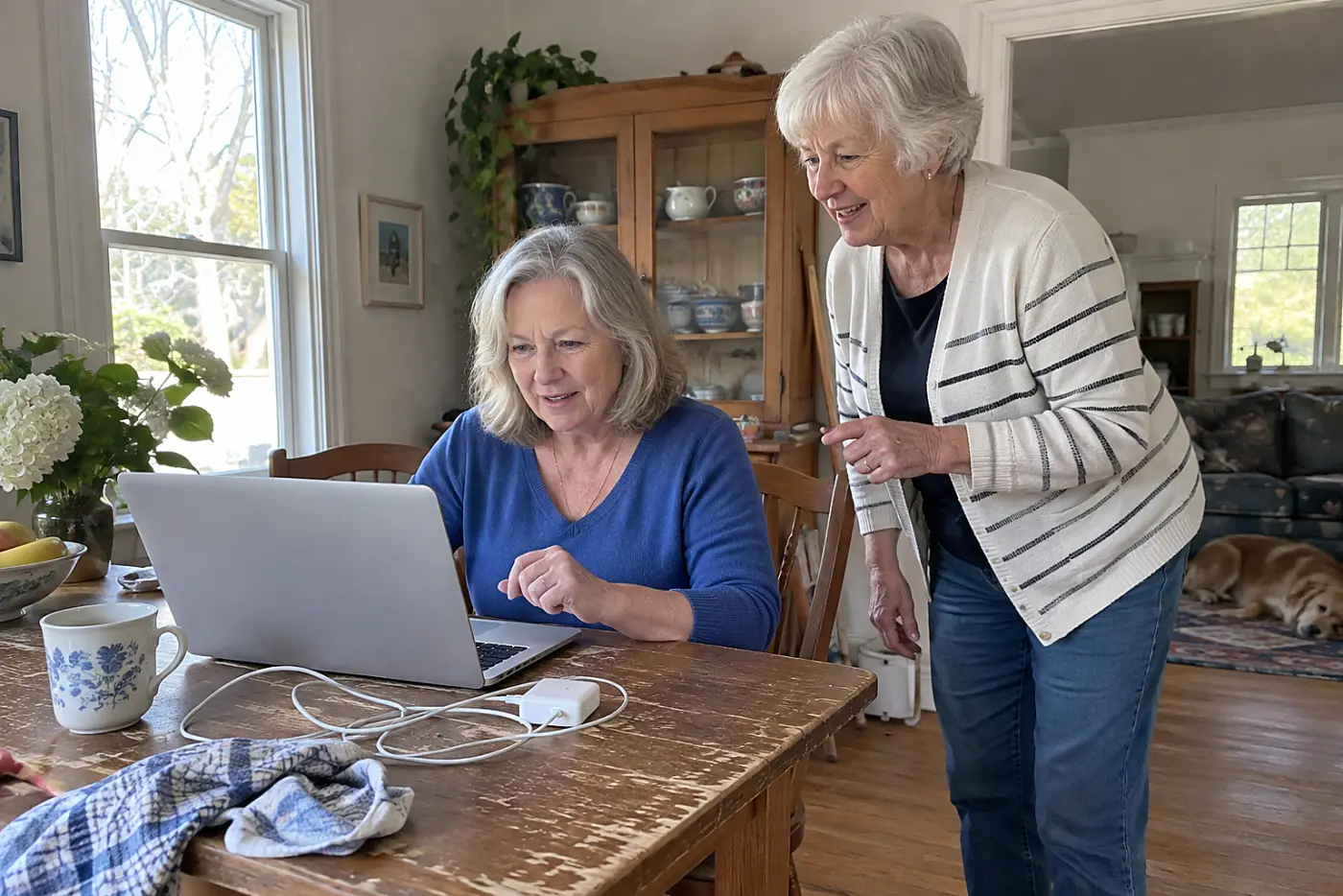 Older woman updating her bank contact number on a laptop at home.
