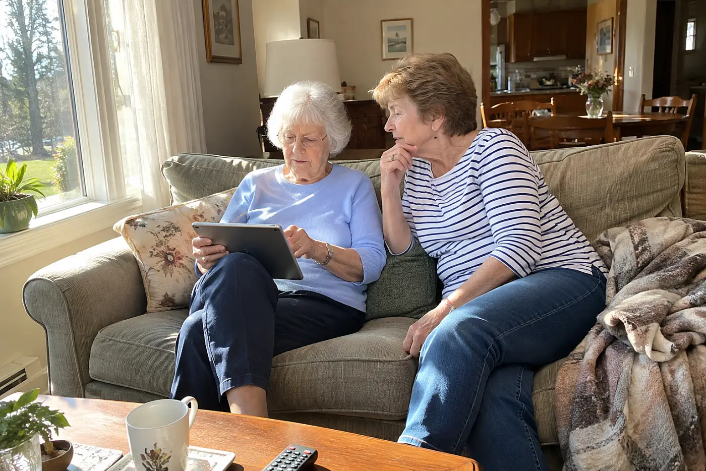 Older woman reading a travel insurance policy on a tablet at home.