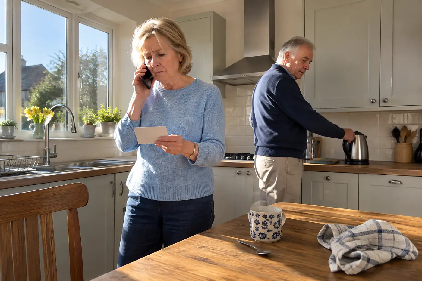 Older woman calling her health insurer with a card in hand at her kitchen table.