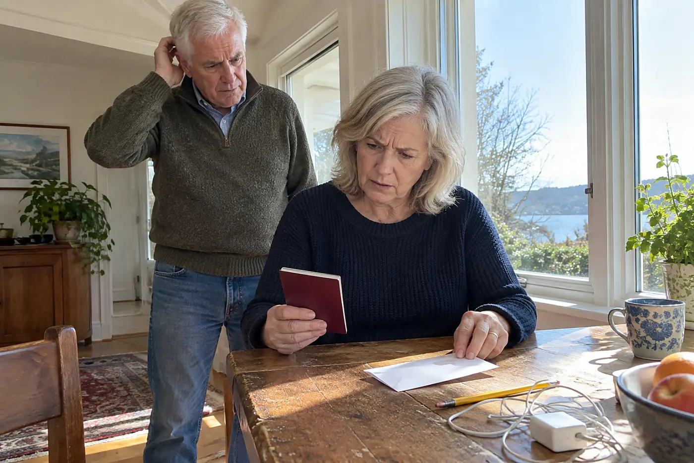 Older woman comparing her passport with a flight confirmation at her desk.