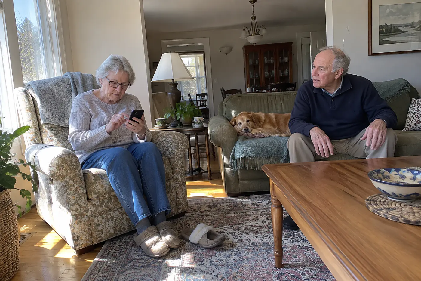 Older woman checking emergency contacts on her phone in her living room.