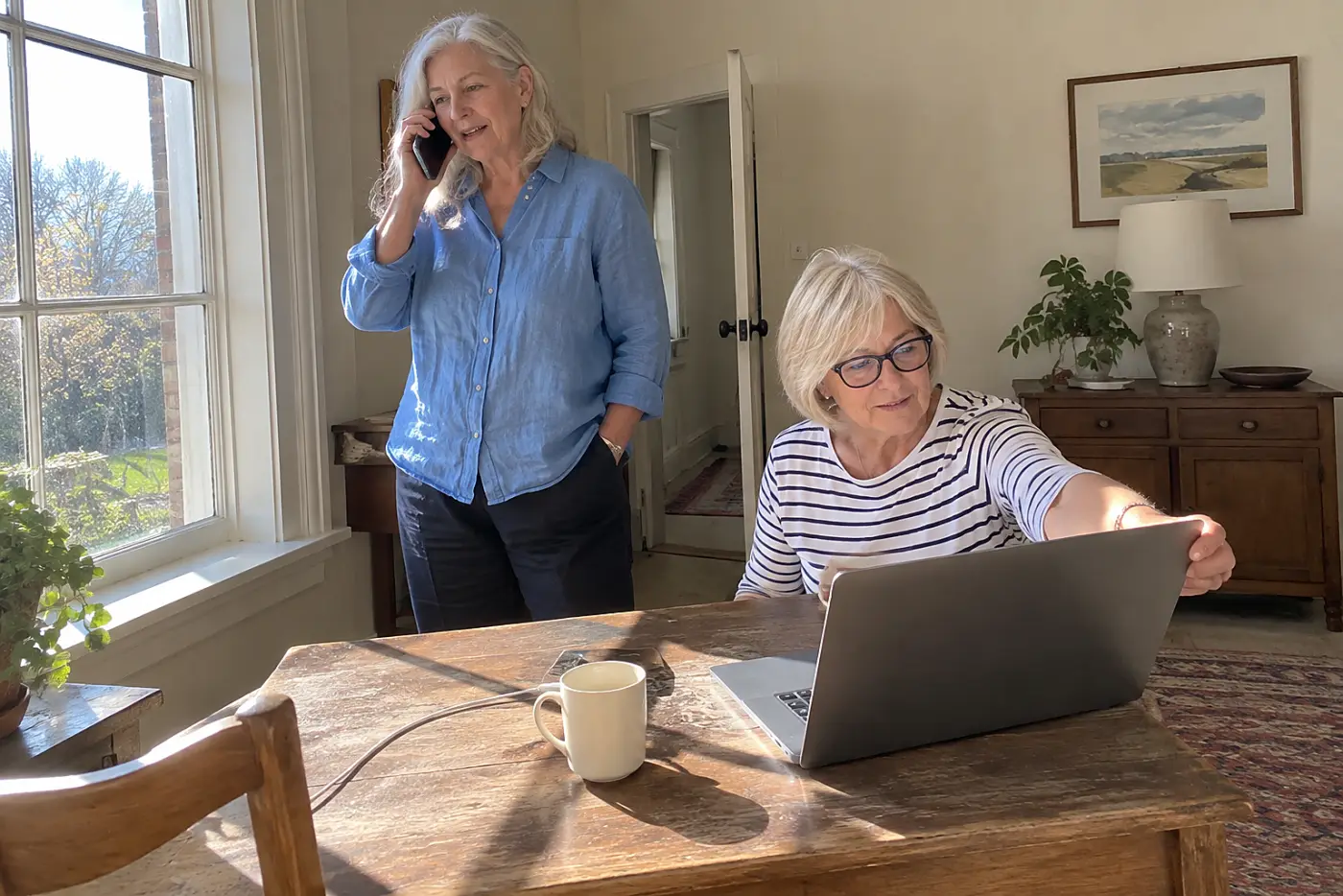 Older woman calling a hotel while reviewing room photographs on her laptop.