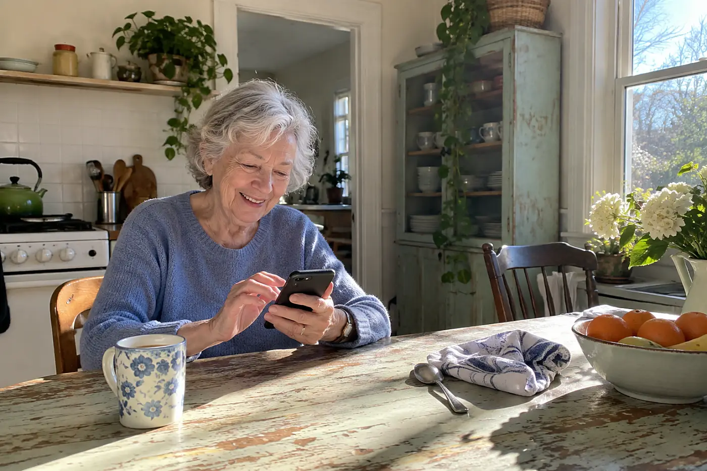 Older woman texting her hotel address to a friend from her kitchen table.