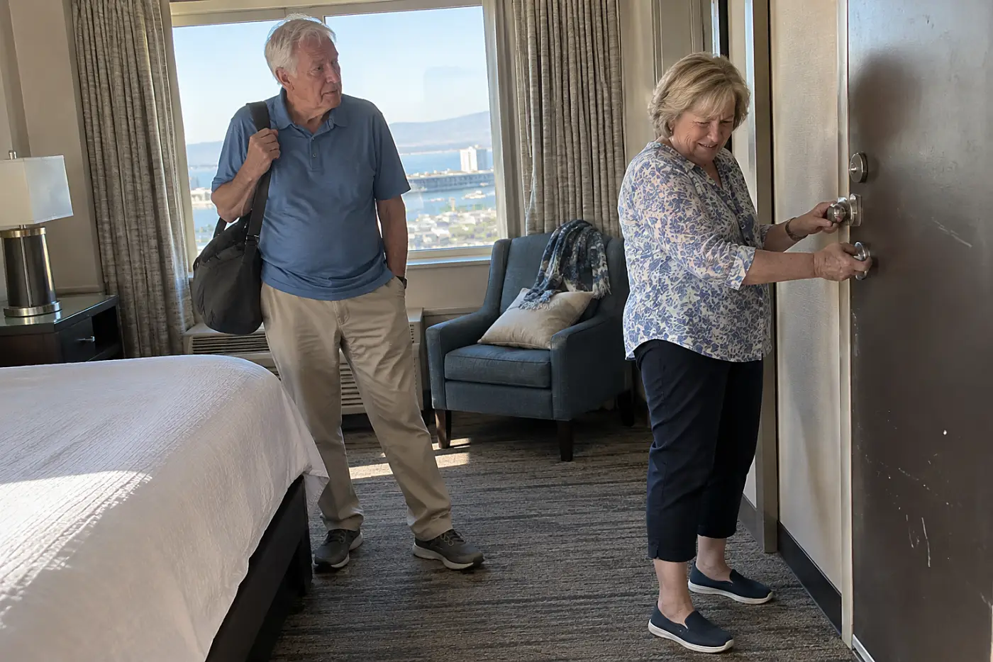 Older woman testing a hotel room deadbolt after check-in.
