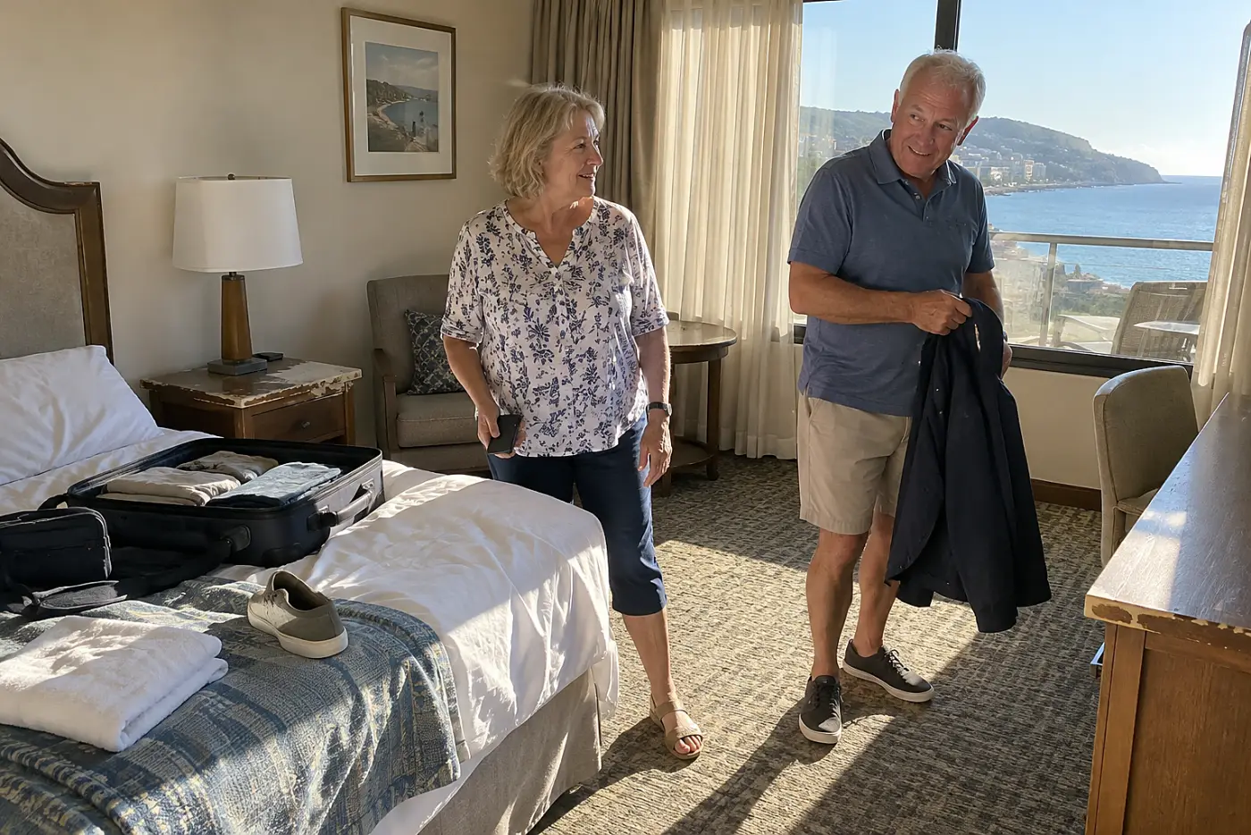 Older woman checking restaurant hours on her phone in a hotel room.