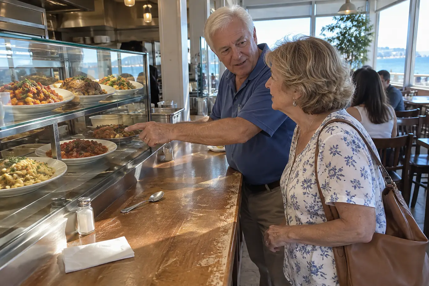 Older woman reading a menu at a restaurant counter.