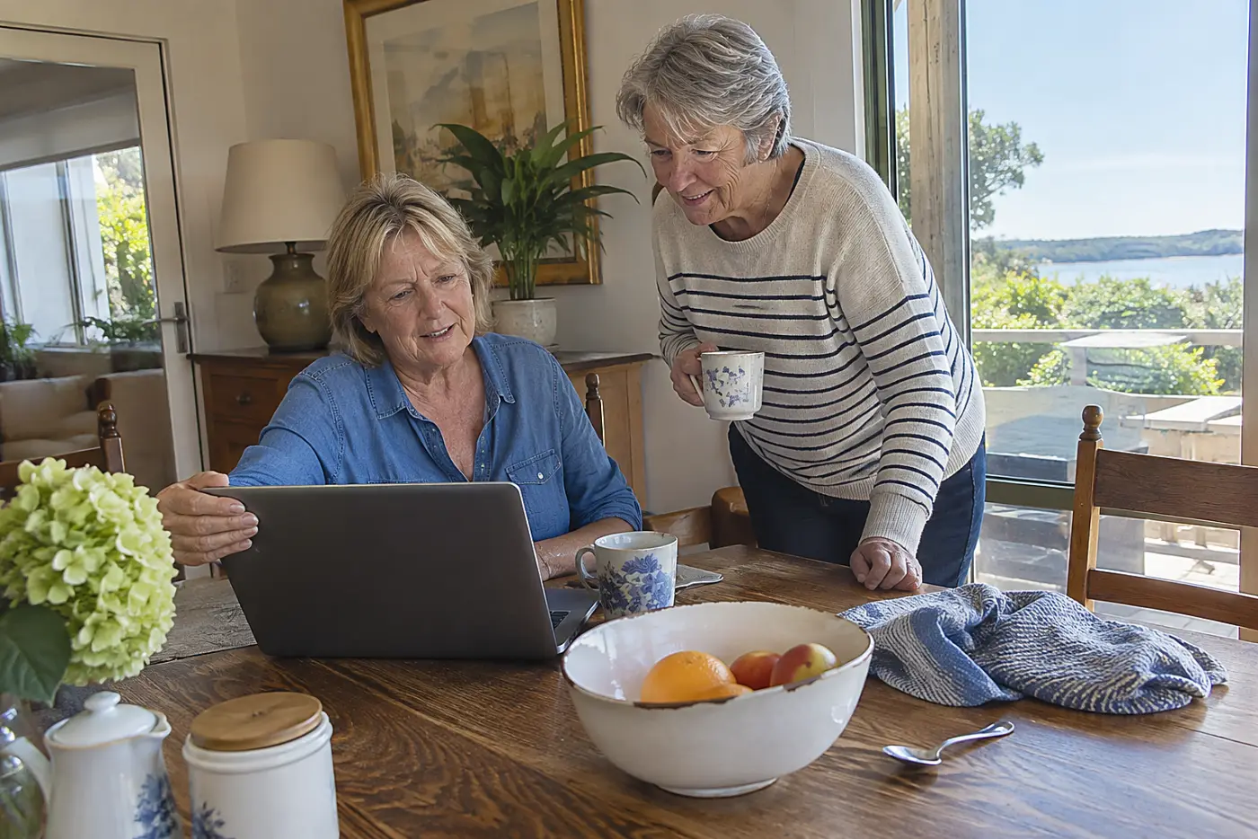 Older woman comparing hotel totals on a laptop at her dining table.