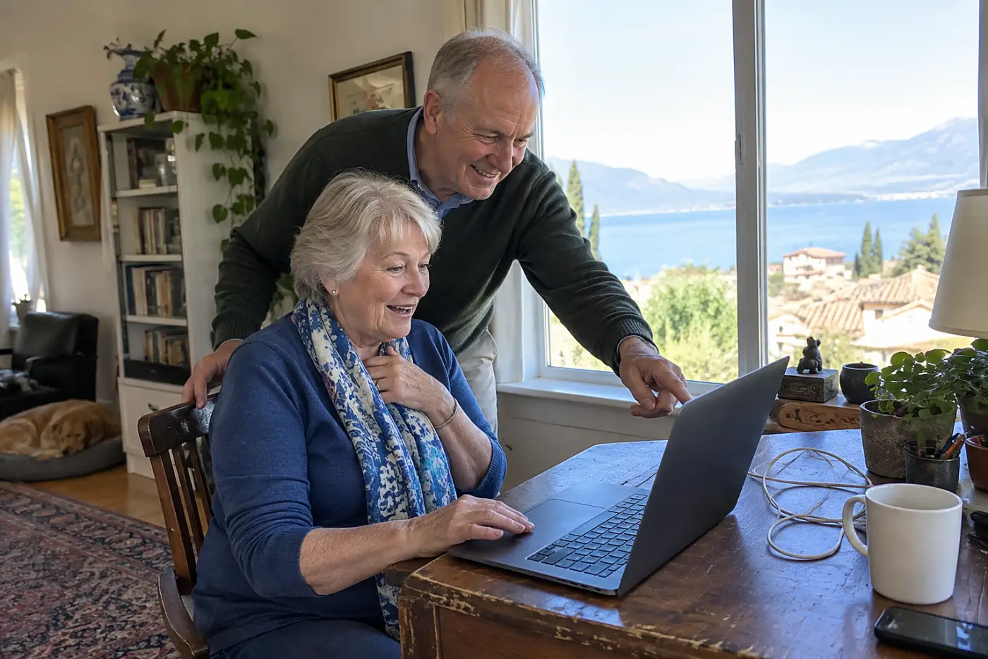Older woman looking at photographs of a familiar hotel at her desk.