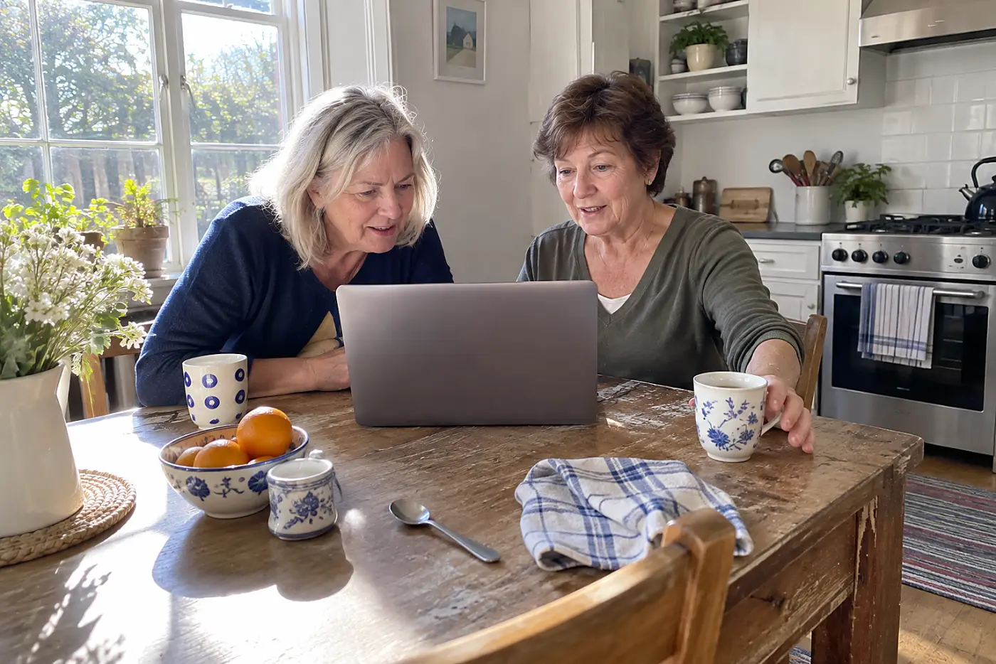Two older women comparing hotel room options on a laptop at a kitchen table.